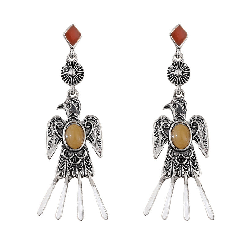 Wholesale Retro Ethnic Bird Earrings For Women Ancient Silver Alloy With Gemstone Accent Fashion Jewelry Accessory For Gift And Boutique Resale