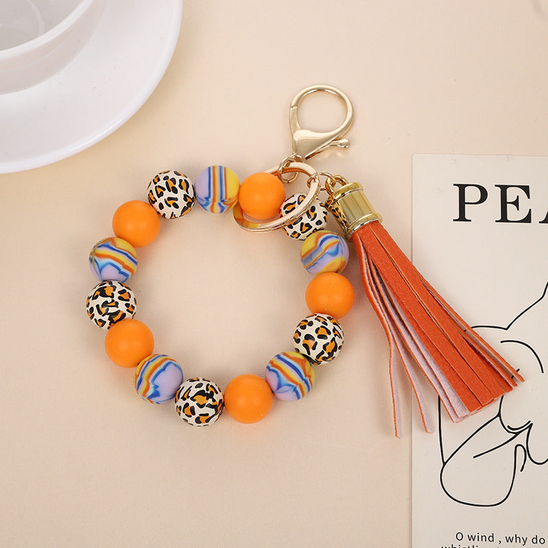 Wholesale Retro Silicone Bead Bracelet Keychain With PU Tassel Mint Green Geometric Print Chic Fashion Accessory For Everyday Use
