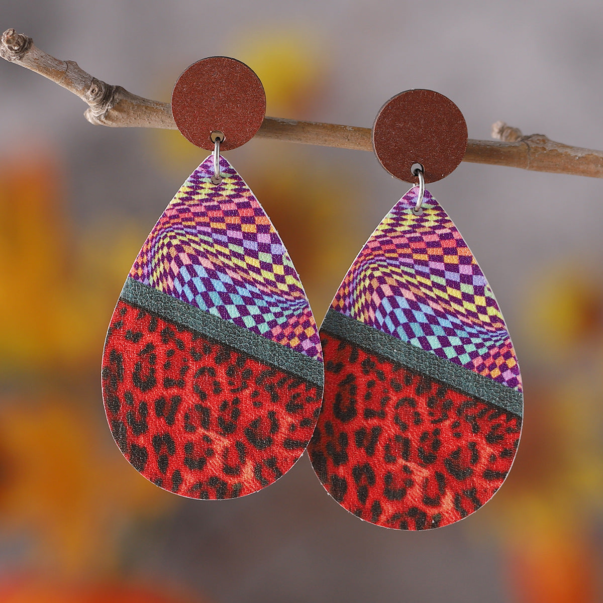 Wholesale Western Style Colorful Leopard Zebra Leather Wood Piece Stitching Earrings ACC-ES-ChuLian136