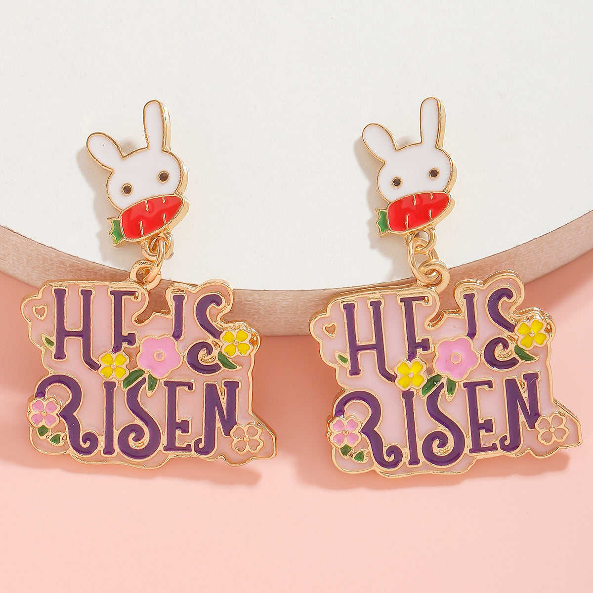 Wholesale Cute Easter Bunny Ear Dangle Earrings with Happy Lettering and Enamel Finish
