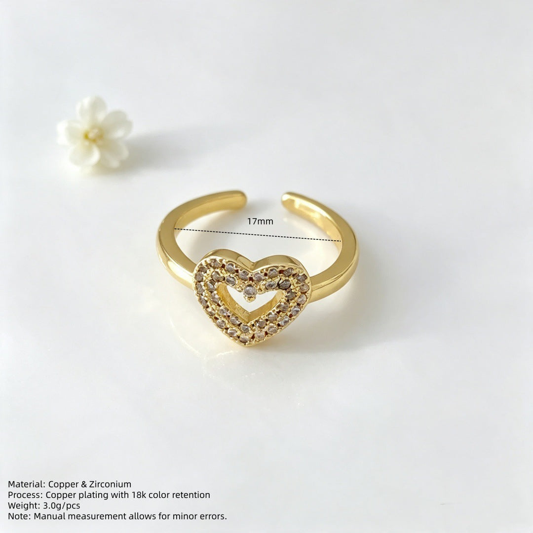 Wholesale Heart Cutout Open Ring 18K Gold Plated Zircon Adjustable Ring Fashion Accessory Gift