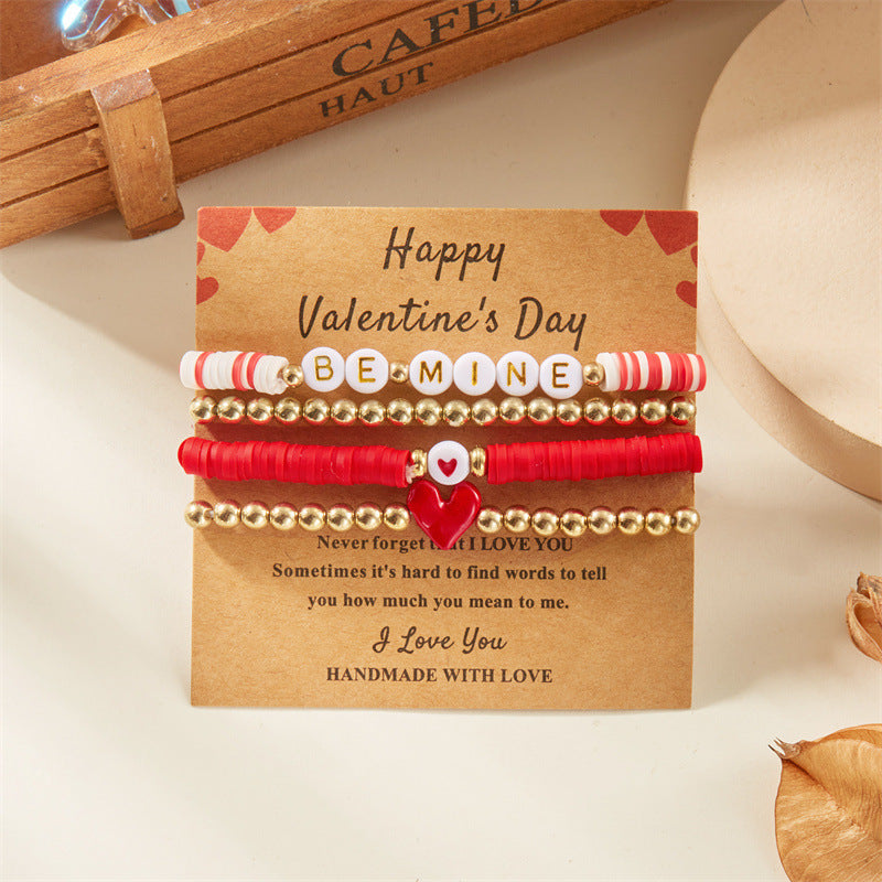 Wholesale Valentine's Day Multi-layer Pink Love Soft Ceramic Beaded Elastic Bracelet