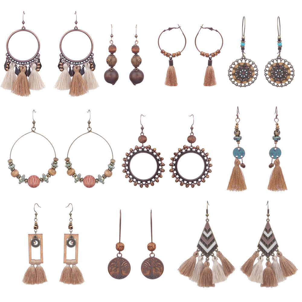 Wholesale Retro Ethnic Tassel Earrings Alloy Electroplated Geometric Round,  Women' s Fashion Accessory for Boutique Resale