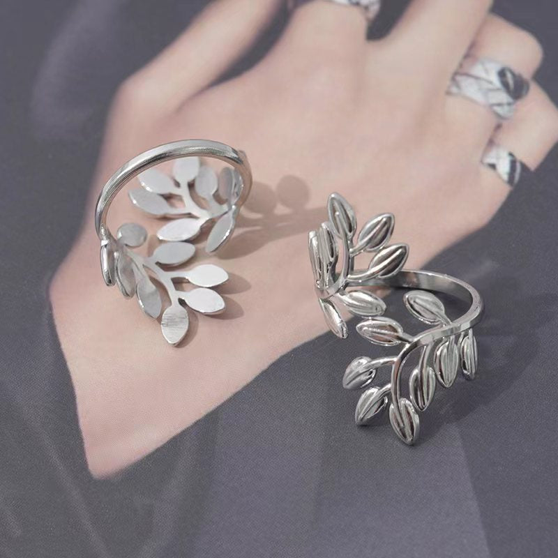 Wholesale Titanium Steel Open Ring Leaf Shape Adjustable Ring