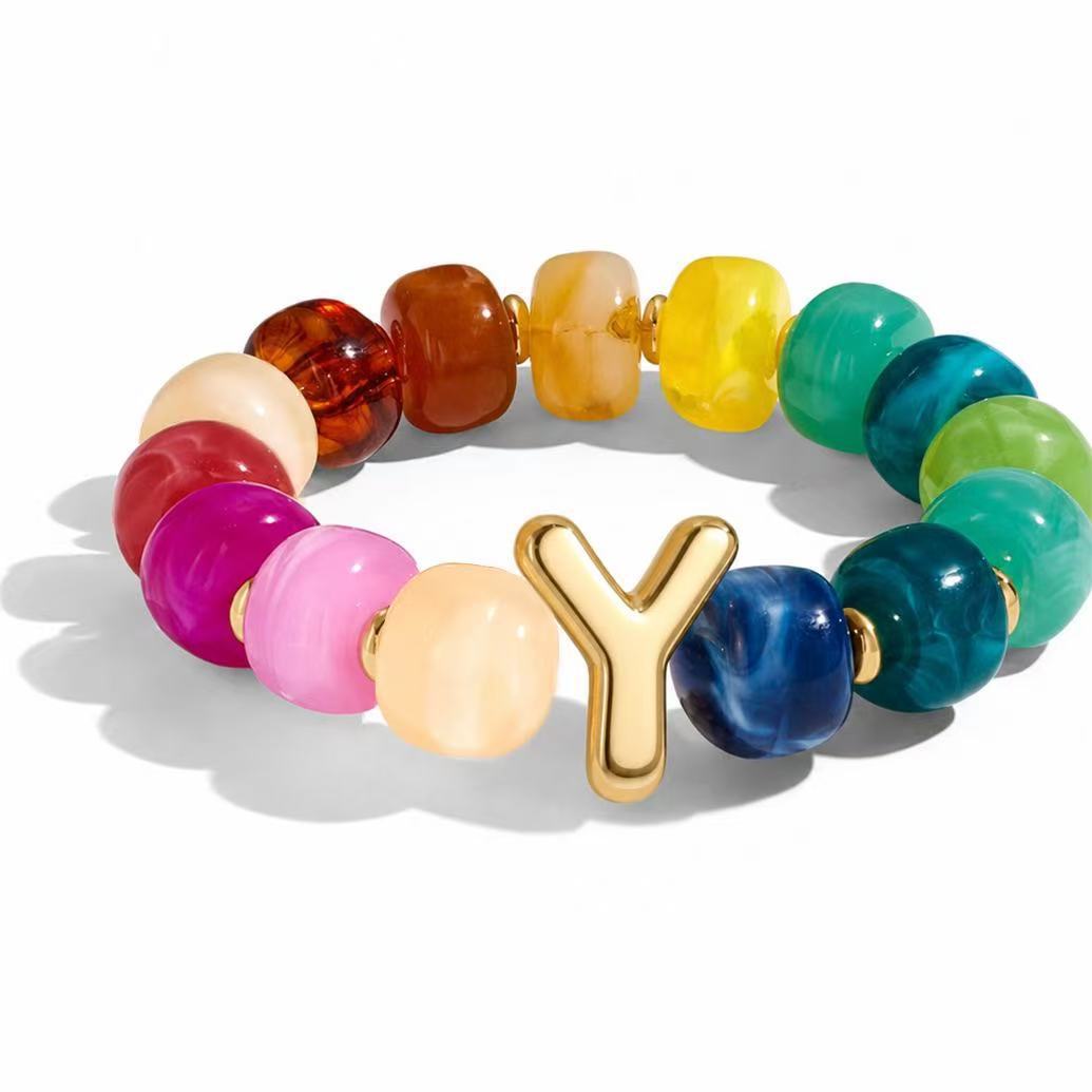 Wholesale 2026 Amazon Cross-Border Colorful Beaded 26 Letter Bracelet for Women,  Resin,  Fashionable and Unique,  High Elasticity Bracelet