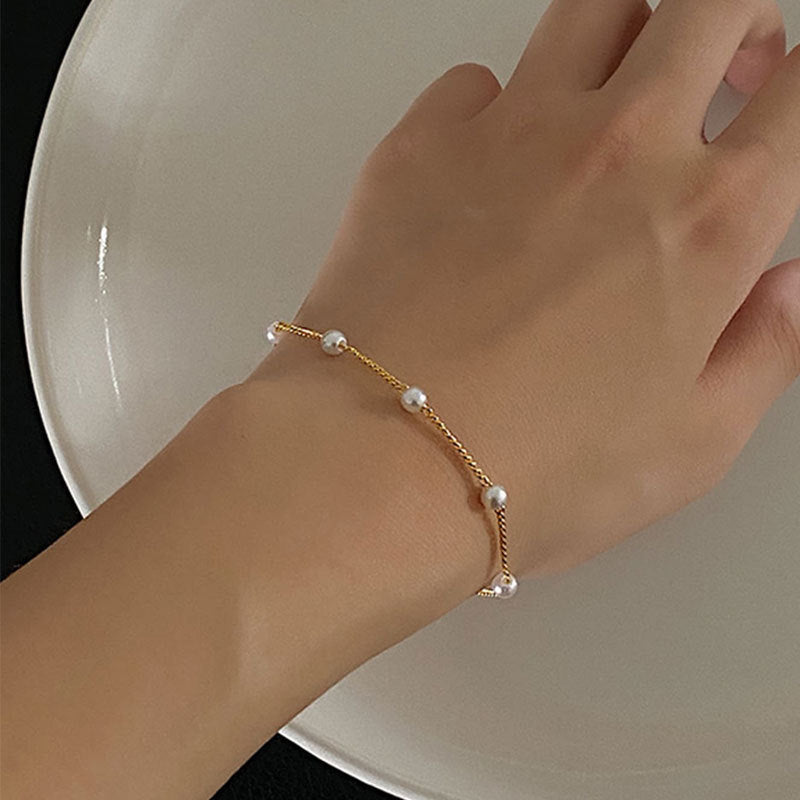 Wholesale Chic Women S Imitation Pearl Chain Bracelet 4Mm Round Pearl Fashion Accessory Gold Tone Everyday Jewelry For Gifting