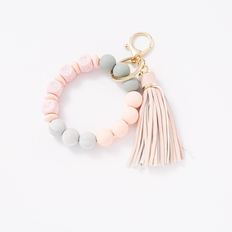 Wholesale Silicone LOVE Pink Tassel Keychains Bracelet