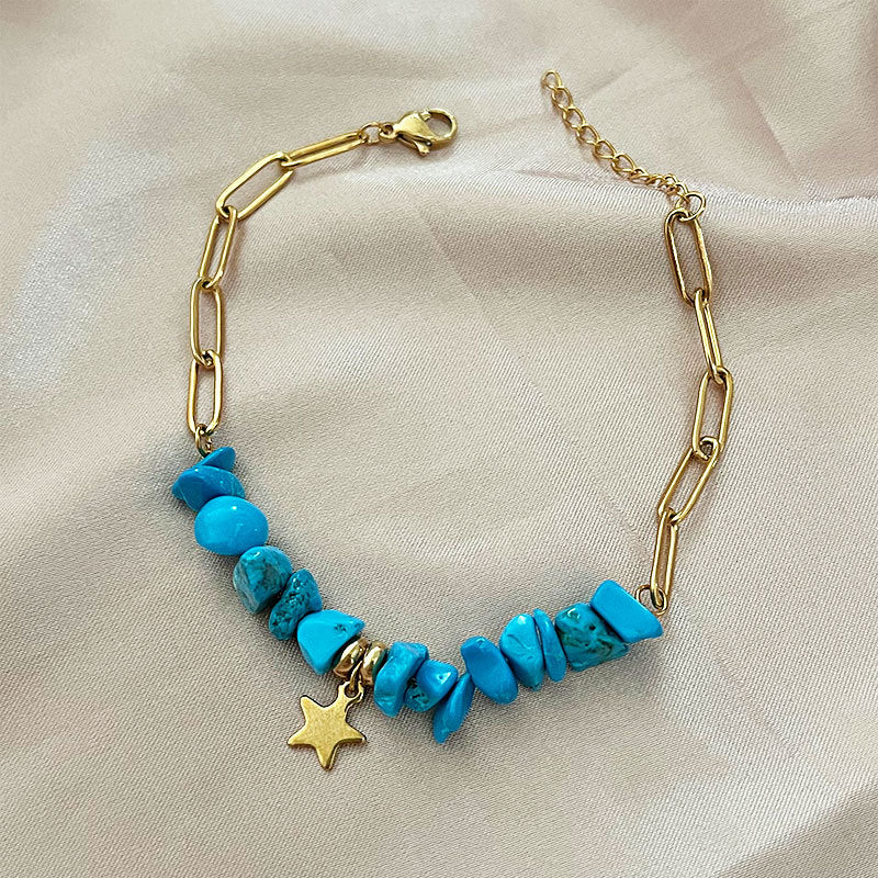 Wholesale natural stone gravel five-pointed star  stainless steel bracelet