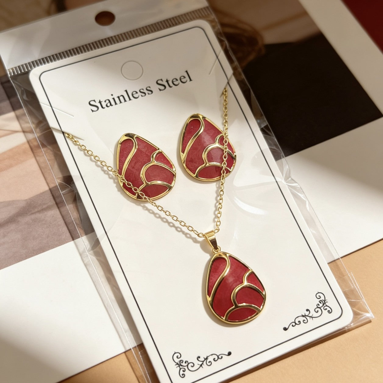 Wholesale Stainless Steel Flower and Teardrop Enamel Earrings and Necklace Set