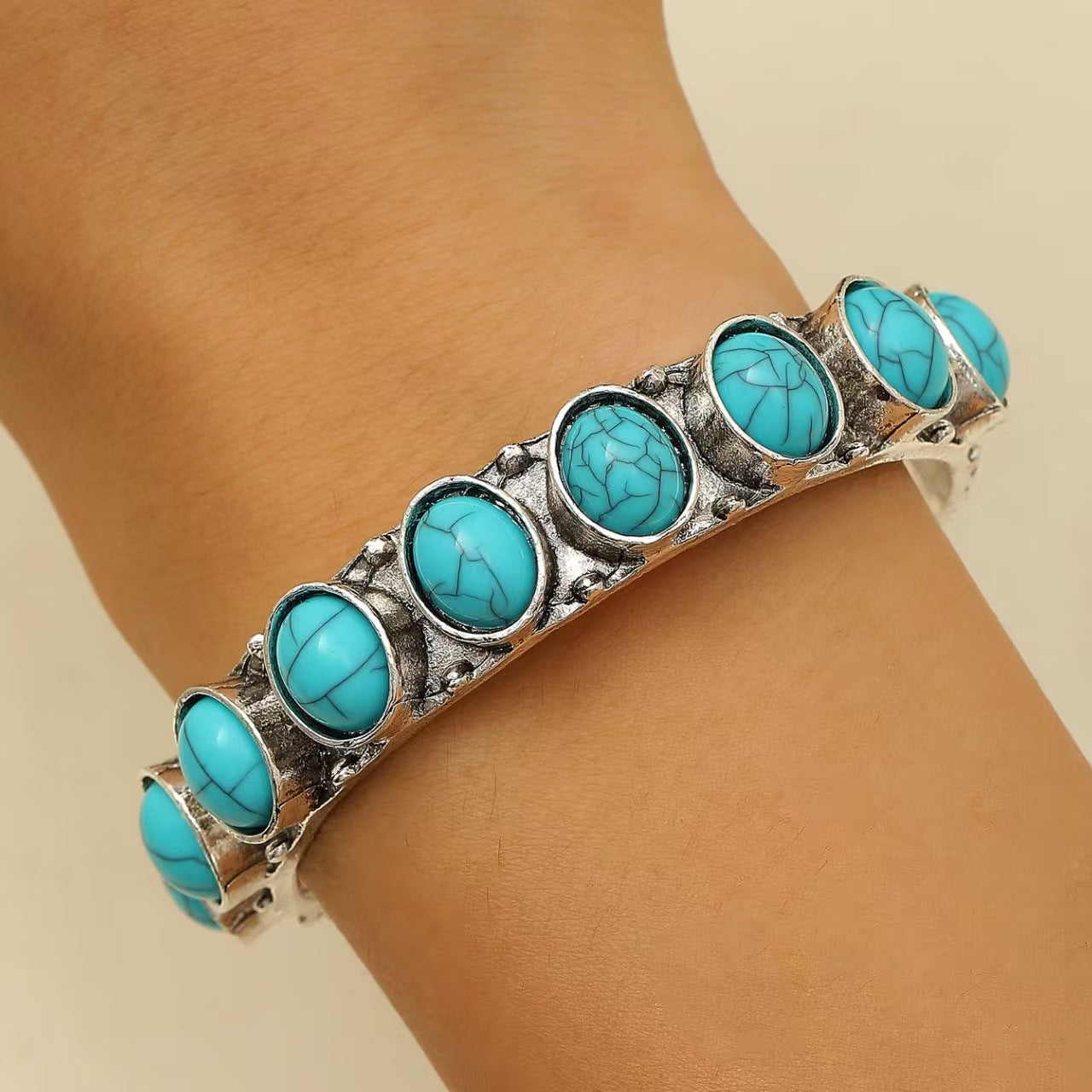 Wholesale Vintage Bohemian Bangle with Open Design and Turquoise Inlay