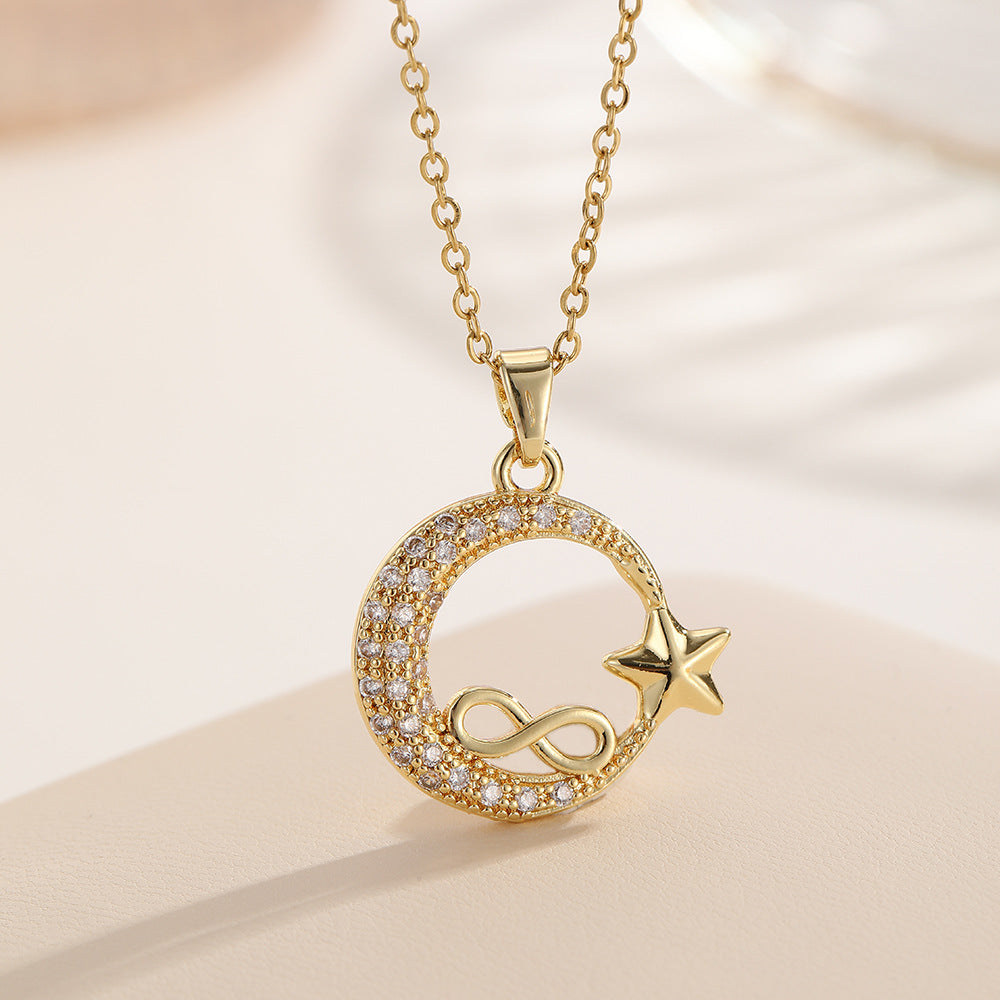 Wholesale Trendy Star Moon Heart Zircon Pendant Necklace Gold Tone Alloy Everyday Wear Jewelry Accessory For Boutique Resale