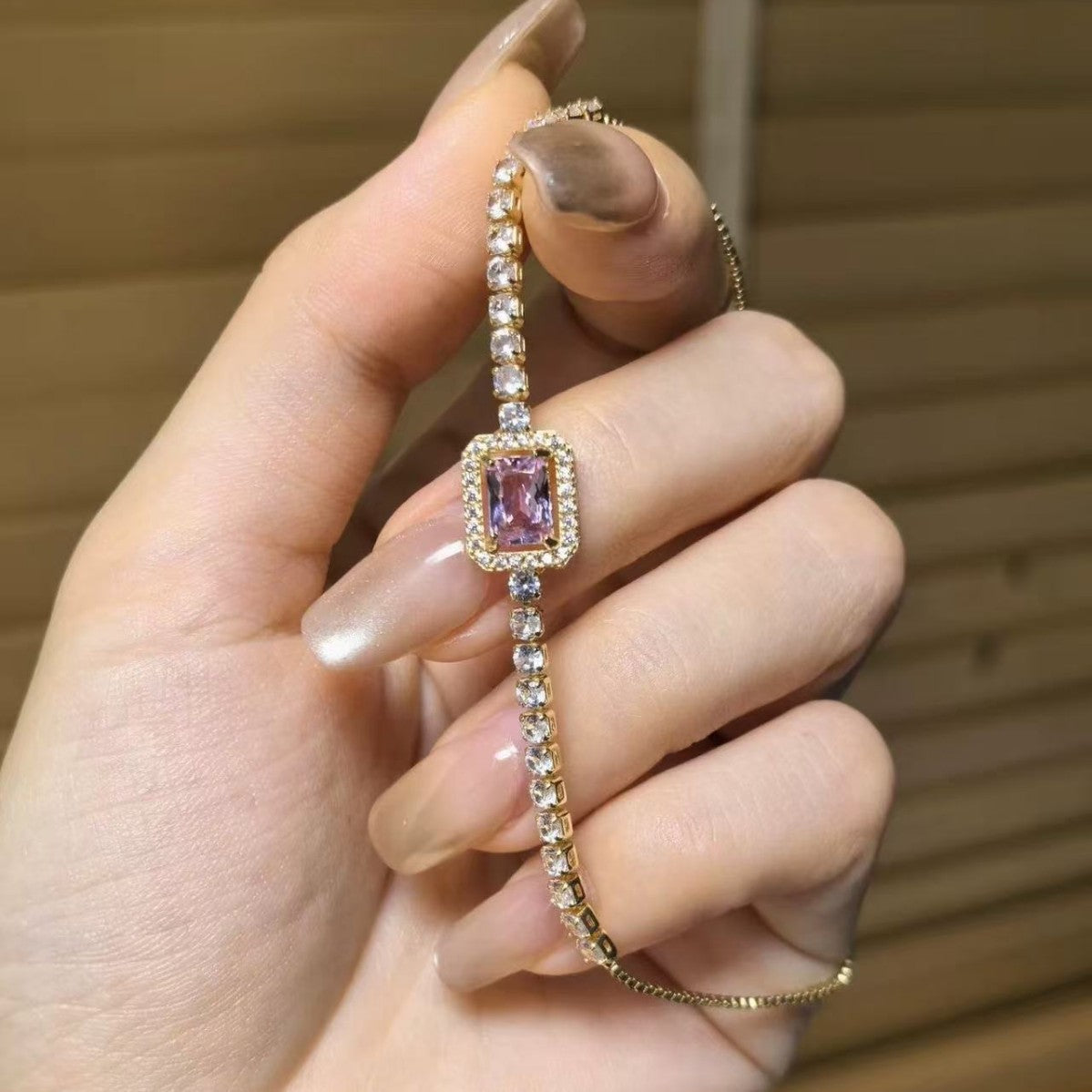 Wholesale Fashion Slide Bracelet with Pink Square Zircon,  Alloy,  Trendy Jewelry Accessory for Women