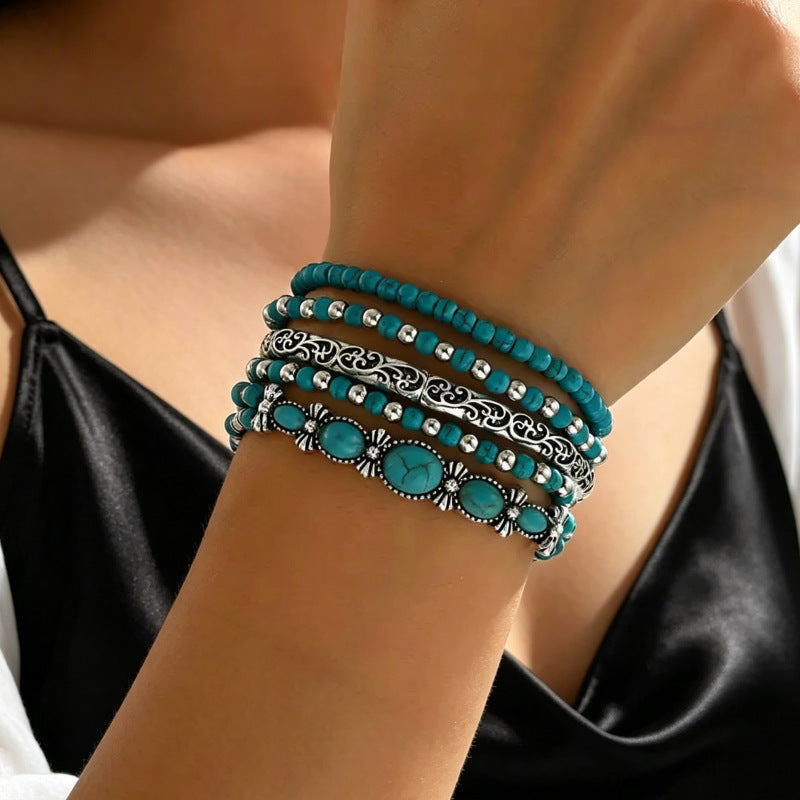 Wholesale 5-Piece Western Cowboy Retro Turquoise Bracelet Set - Fashion Accessory for Boutique Resale