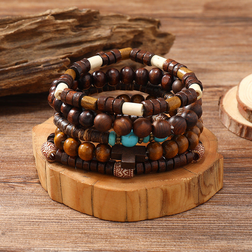 Wholesale Handmade Beaded Bracelet Men's Retro Fashion Turquoise Cross Five-piece Bracelet