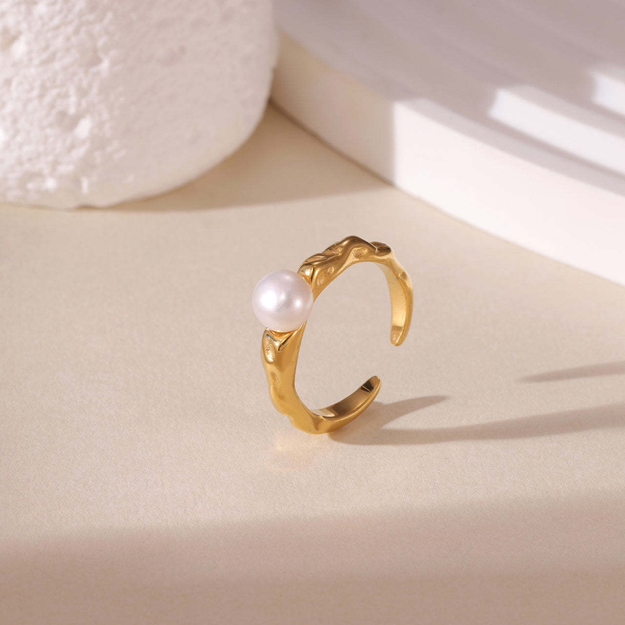 Wholesale Geometric Titanium Steel Open Ring with Faux Pearl