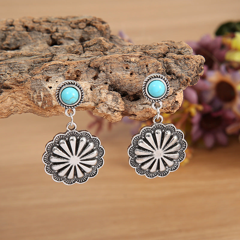 Wholesale Retro Turquoise Carved Earrings Alloy Electroplated Jewelry Accessory