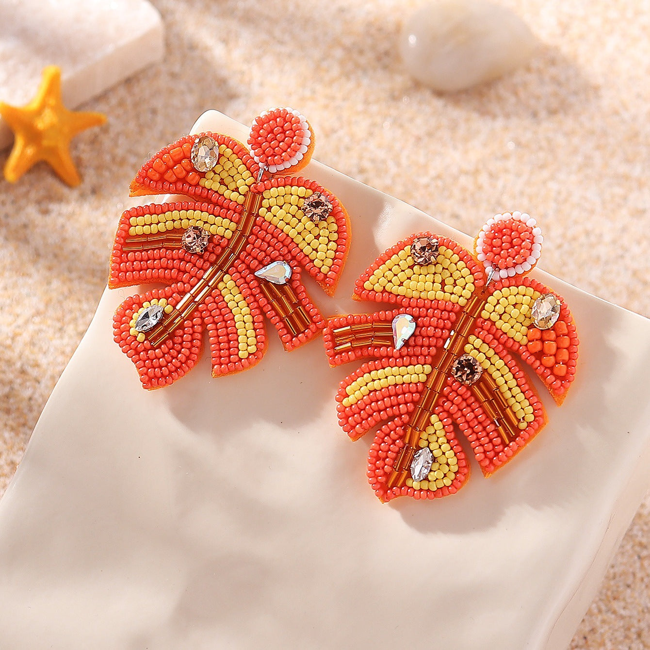 Wholesale Bohemian Leaf Fabric Rice Bead Earrings