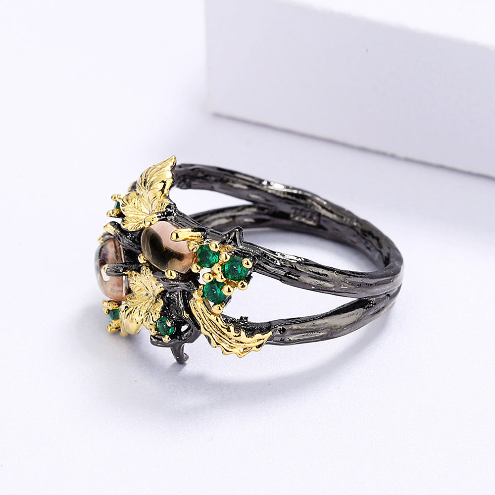 Wholesale inlaid colored gemstones plant flowers black gold double color  ring
