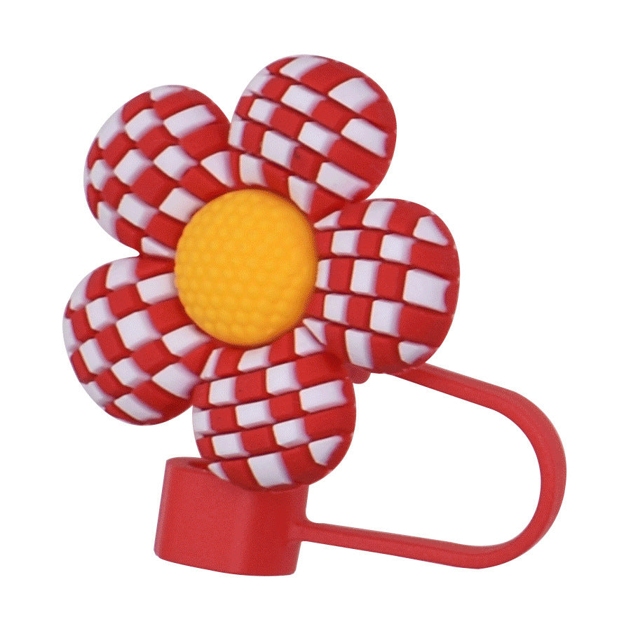 Wholesale 100PCS/random Checkerboard Flower 10MM Dust-proof Straw Cover PVC Soft Rubber Straw Decoration ACC-SCR-JKS001