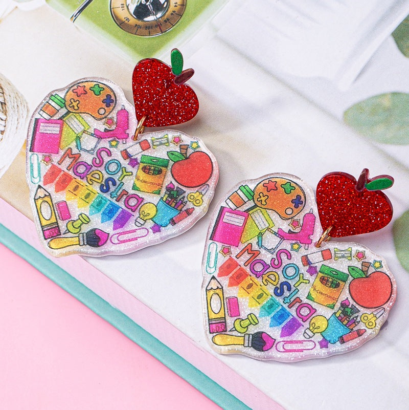 Wholesale Fashion Earrings  Cute Heart-Shaped LettersApple Earrings Teacher' s Day Acrylic Earrings Jewelry