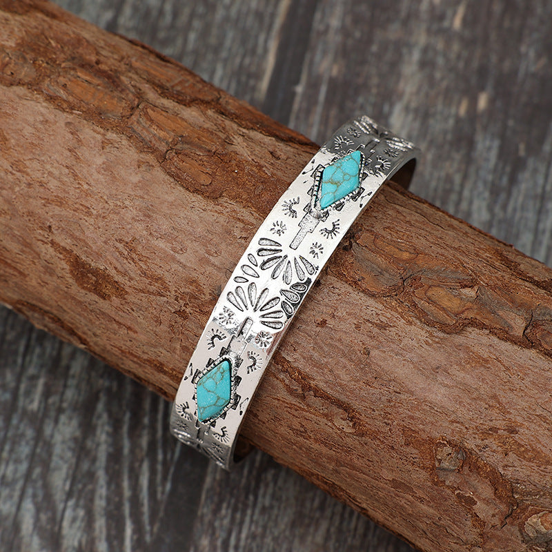 Wholesale Vintage Bohemian Open Cuff Bangle Bracelet Turquoise Inlay Alloy Silver Color Fashion Accessory Gift