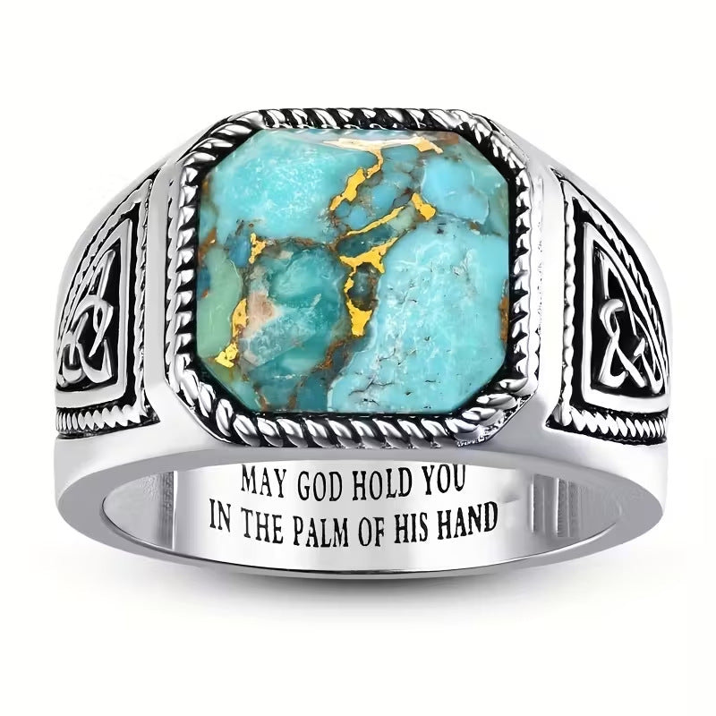 Wholesale Geometric Blue Zircon Ring with Vintage Texture for Casual Streetwear Jewelry Accessory