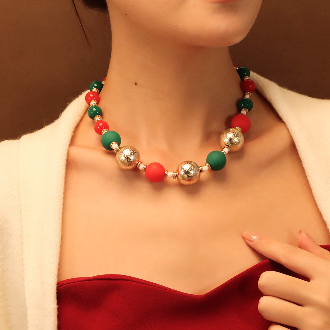 Wholesale Christmas Necklace  Chain Red Green White Beaded Necklaces