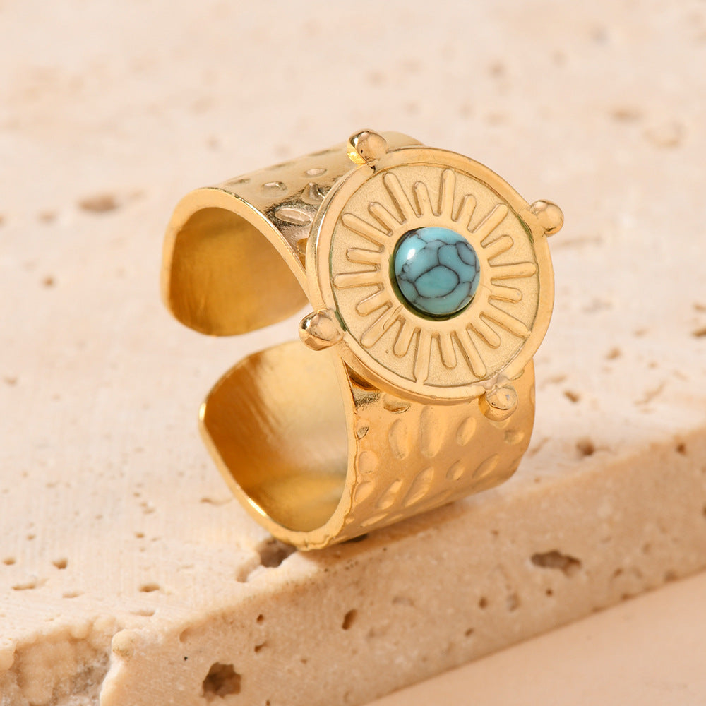 Wholesale Vintage Bohemian Open Stainless Steel Ring with Turquoise Inlay Jewelry Accessory