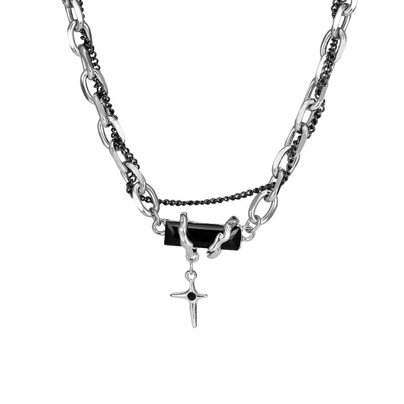 Wholesale Titanium Steel Multi-layer Winding Obsidian Necklace Men's Cross Clavicle Chain ACC-NE-Meihun005