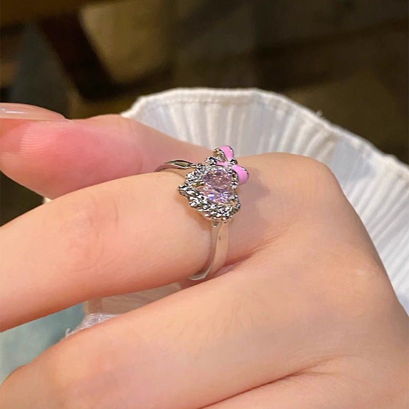 Wholesale Zinc Alloy Electroplated Adjustable Bowknot Heart Zircon Ring Women S Trendy Gift