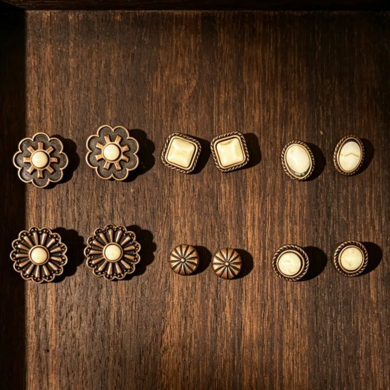 Wholesale Vintage Turquoise Earrings Set Antique Copper Flower Design 6 Pcs Fashion Accessory For Resale