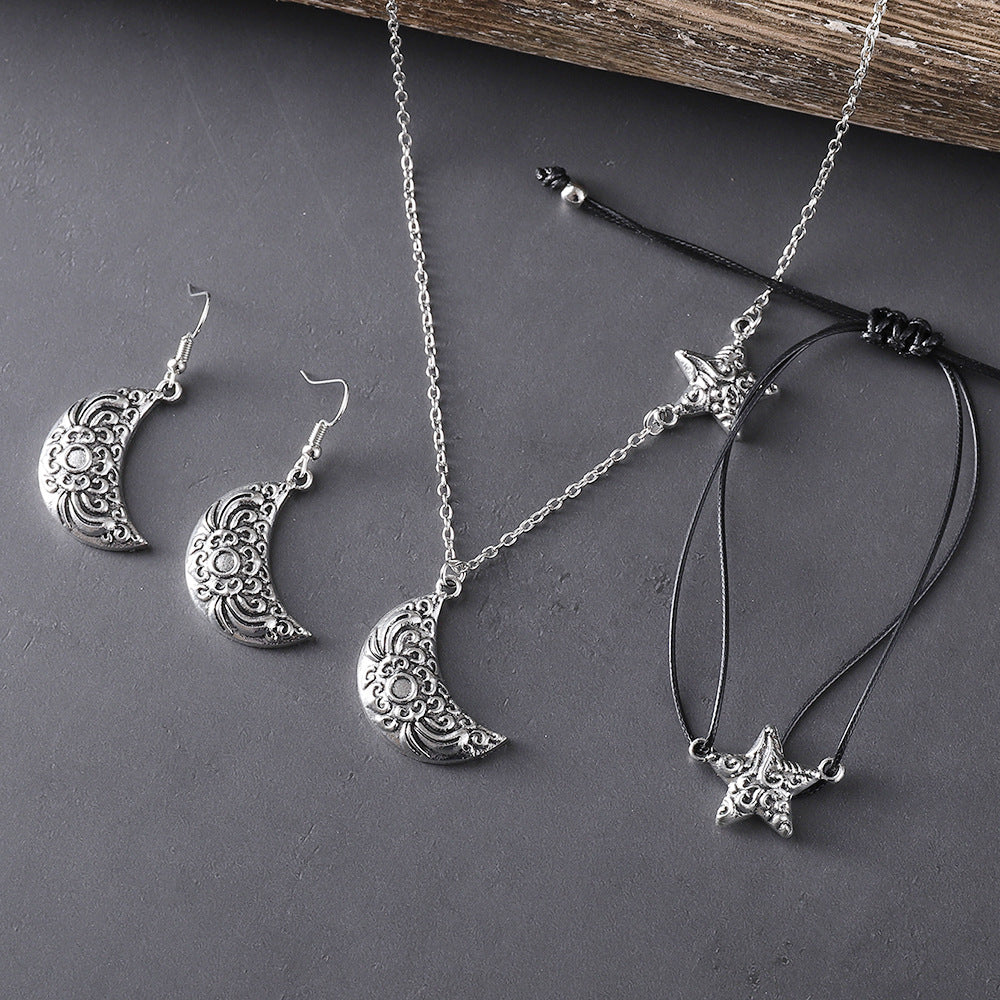 Wholesale Trendy Star Moon Jewelry Set Zinc Alloy Ancient Silver Earrings Necklace Bracelet Party Wear