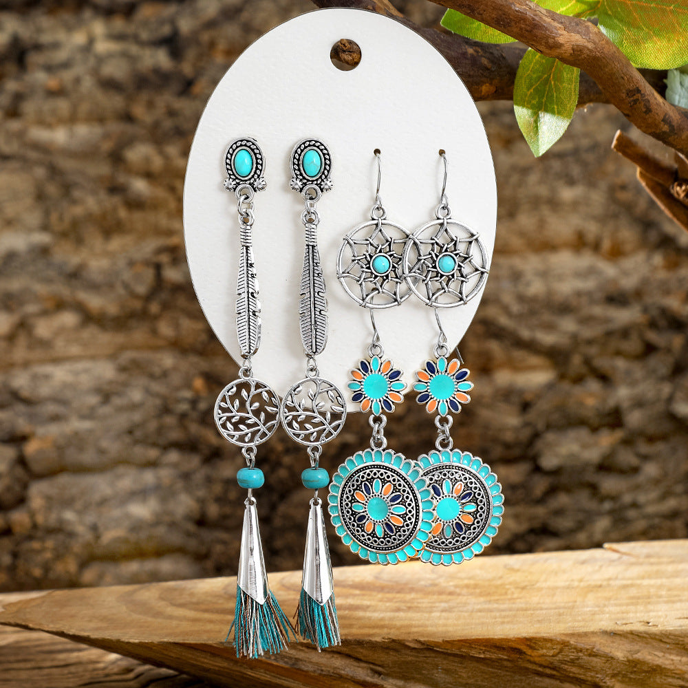 Wholesale Turquoise Tassel Earrings Set - Bohemian Ethnic Style