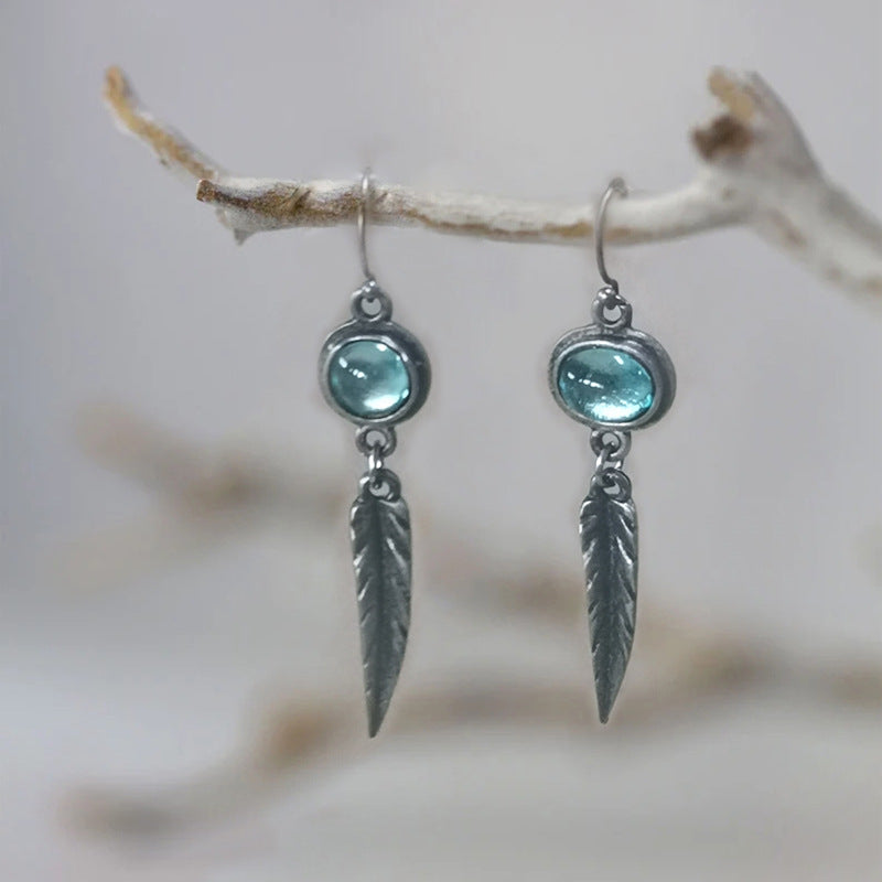 Wholesale Retro blue stone feather pendant earrings