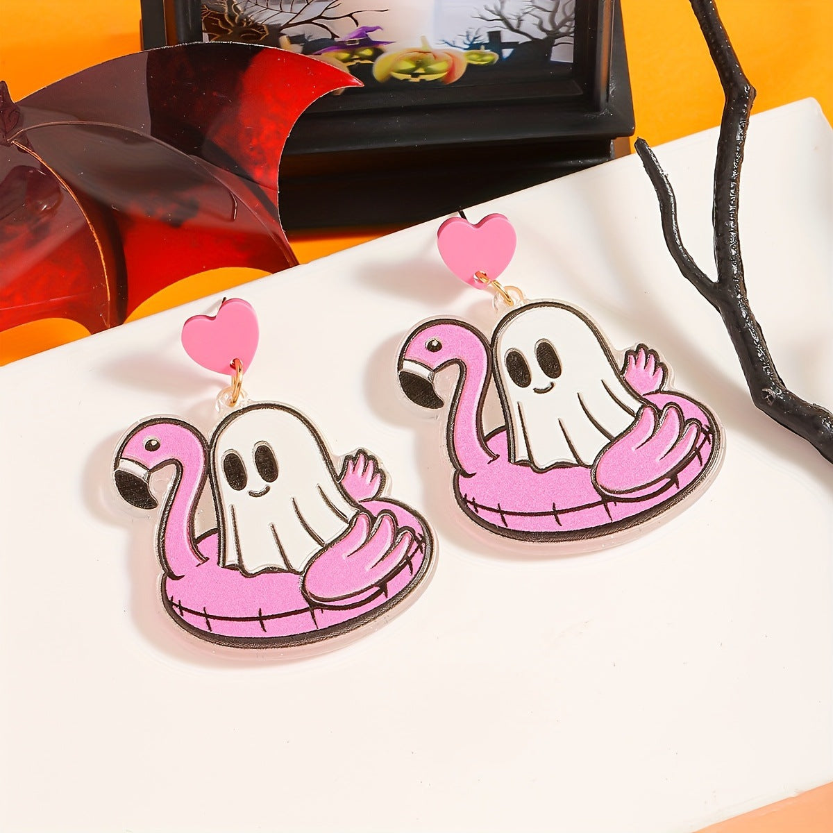 Wholesale Cute Acrylic  Ghost Earrings Pink Flamingo Swim Ring Design Party Jewelry Accessory