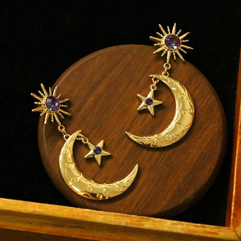 Wholesale exaggerated moon inlaid zircon silver needle earrings