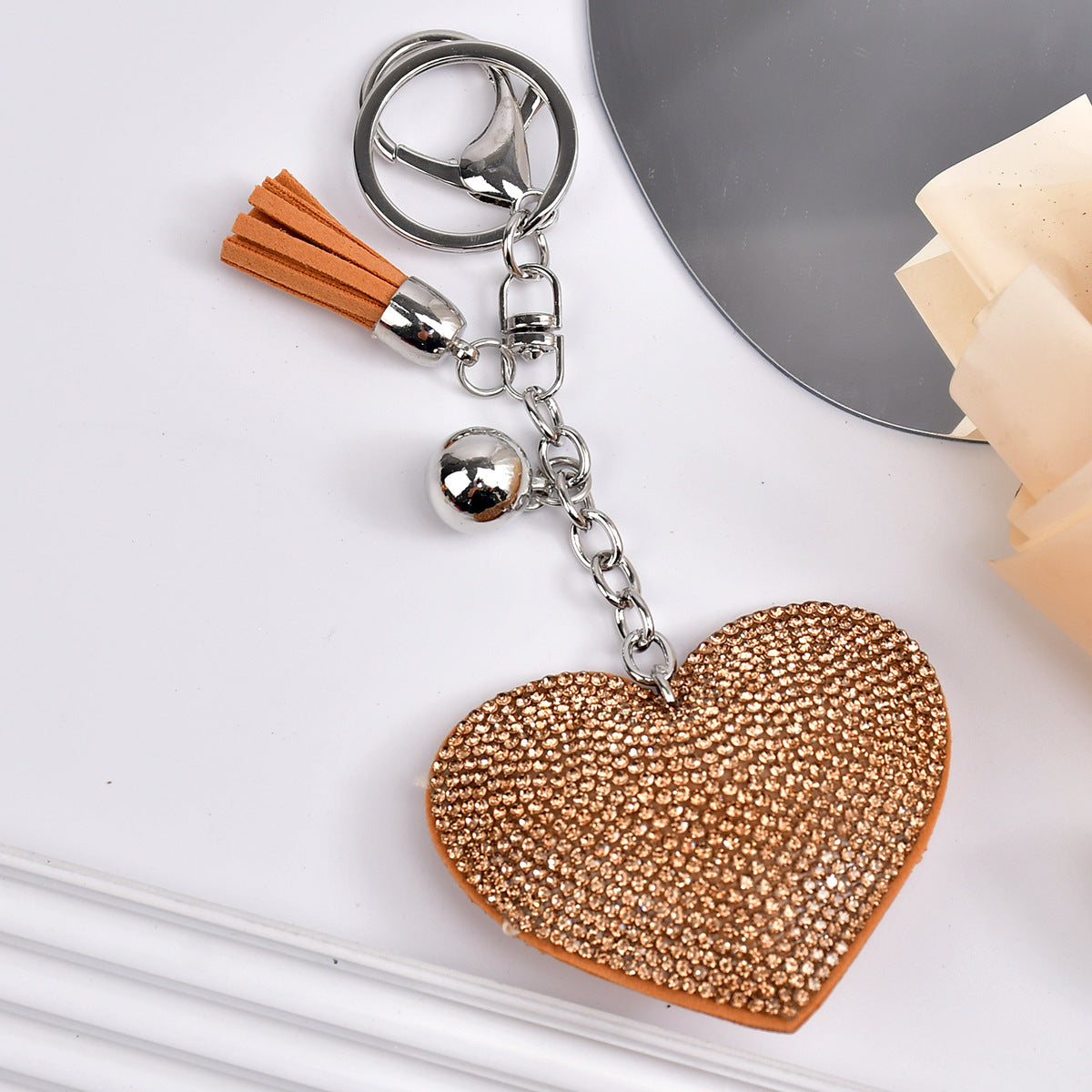 Wholesale  Peach Heart Rhinestone Leather Keychain