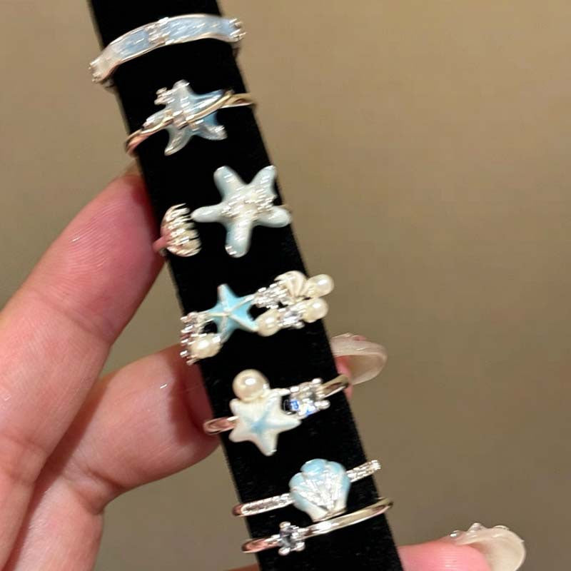 Wholesale Stylish Blue Starfish Shell Open Ring For Women Seaside Vacation Adjustable Size Zinc Alloy Jewelry Gift