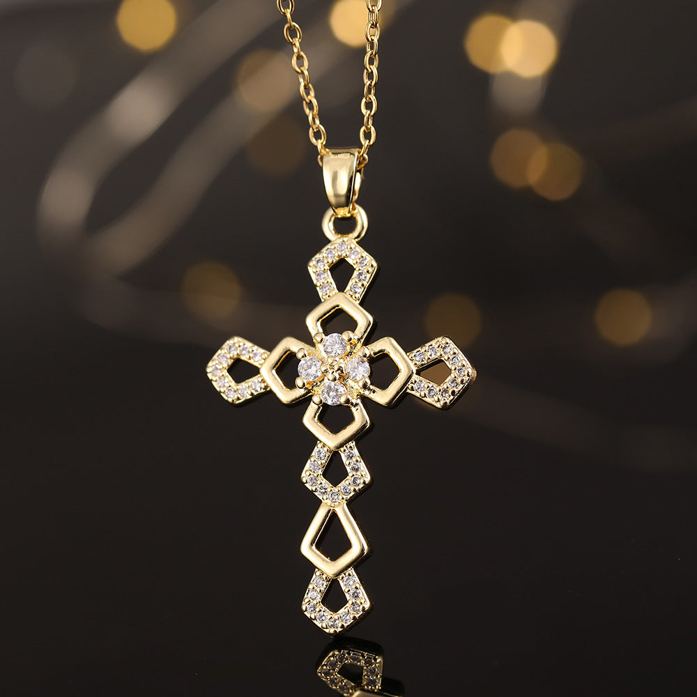 Wholesale Copper Electroplated Zircon Cross Pendant Necklace For Women Fashion Jewelry Accessory Gift