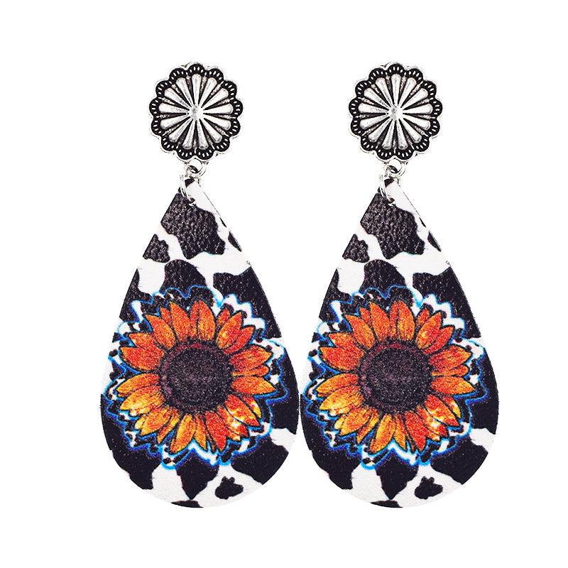 Wholesale Western Denim distressed style sunflower leather earrings