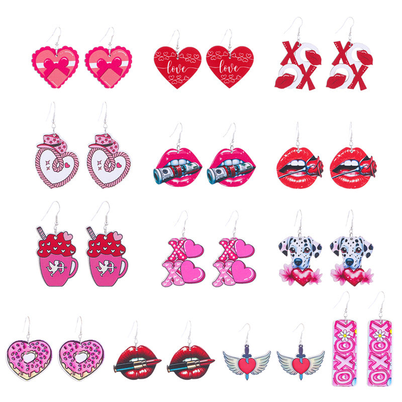 Wholesale  wooden Valentine's Day earrings  lips pink love xoxo letter earrings