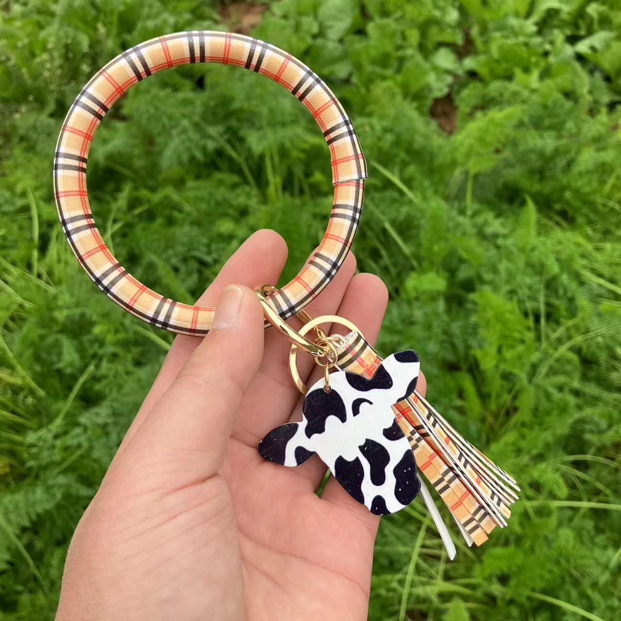 Wholesale Western Style Leopard Print Cow Print Cactus Leather Wristlet Keychain ACC-KC-QiuXue003