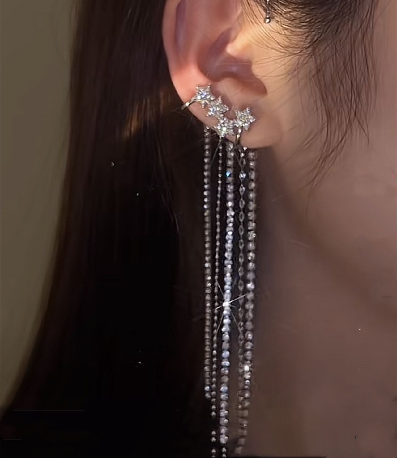 Wholesale star tears tassel ear clip zircon earrings