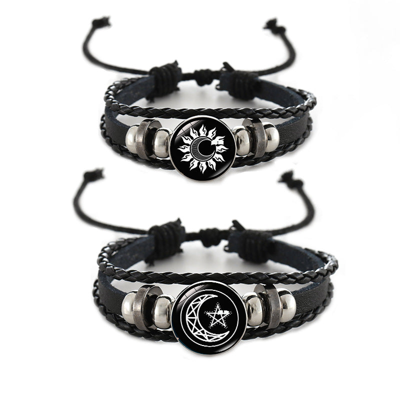 Wholesale Sun and Moon Lovers Leather Vintage Punk Multi-layer Braided Bracelet Layered Bracelet Set