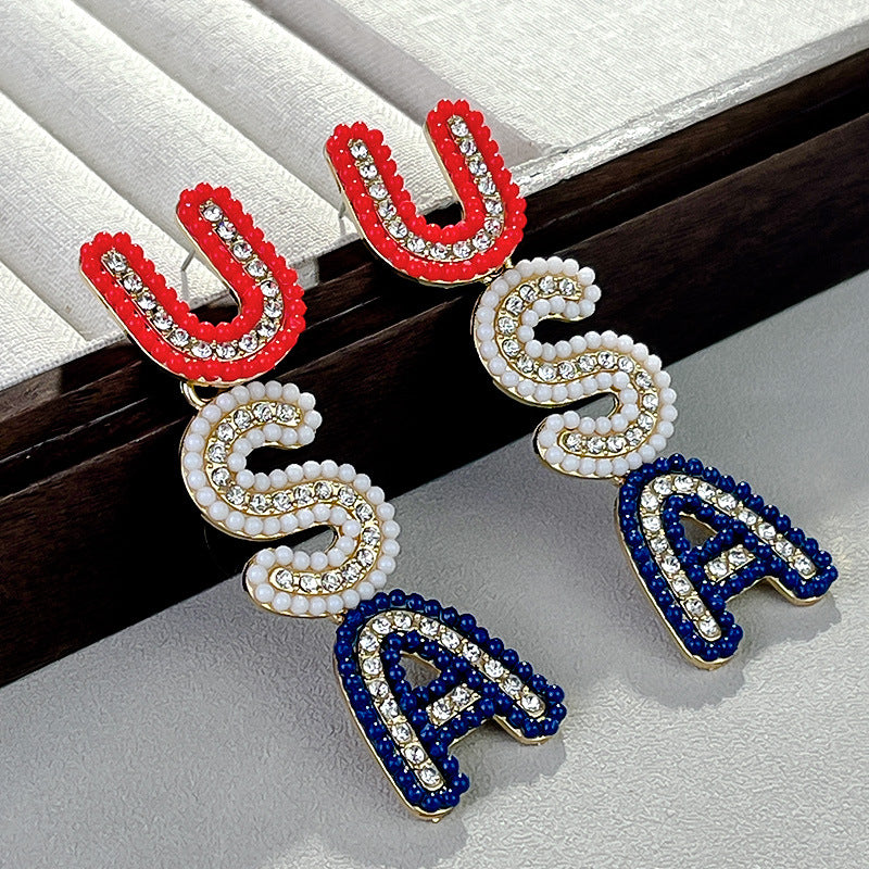 Wholesale  US Independence Day Creative Metallic Set with Rice Bead Earrings
