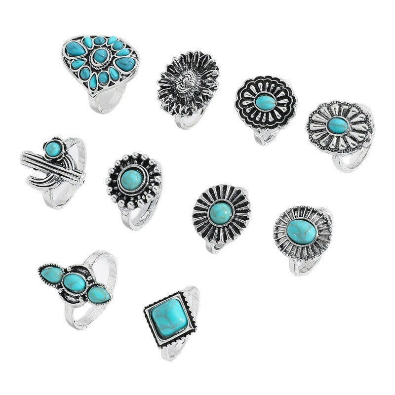 Wholesale Turquoise Vintage Flower Ring Set 10-Piece Women' s Jewelry Accessory