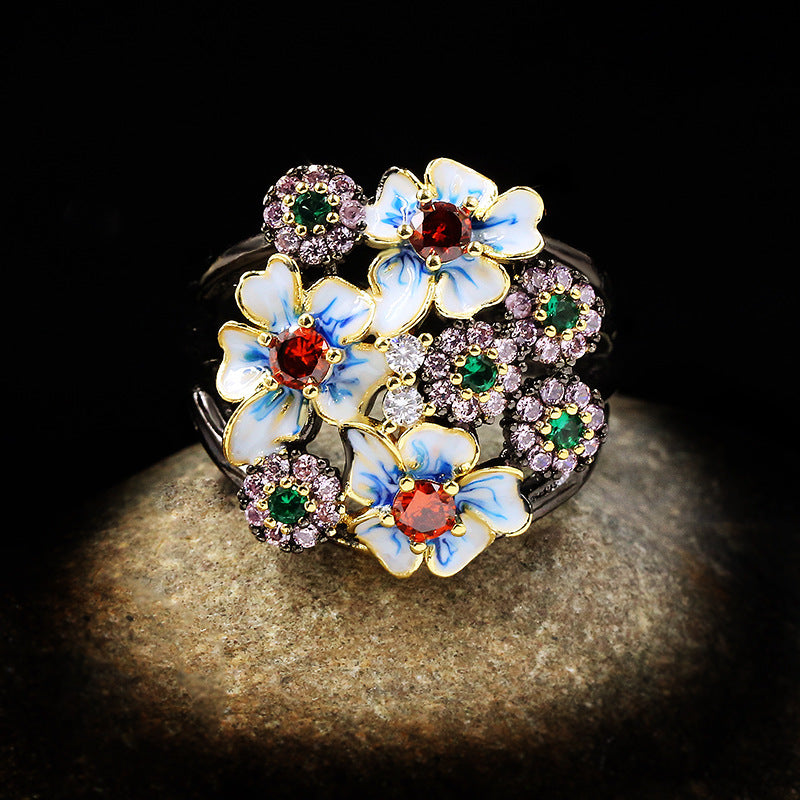 Wholesale  fashion color zircon ring flower ring