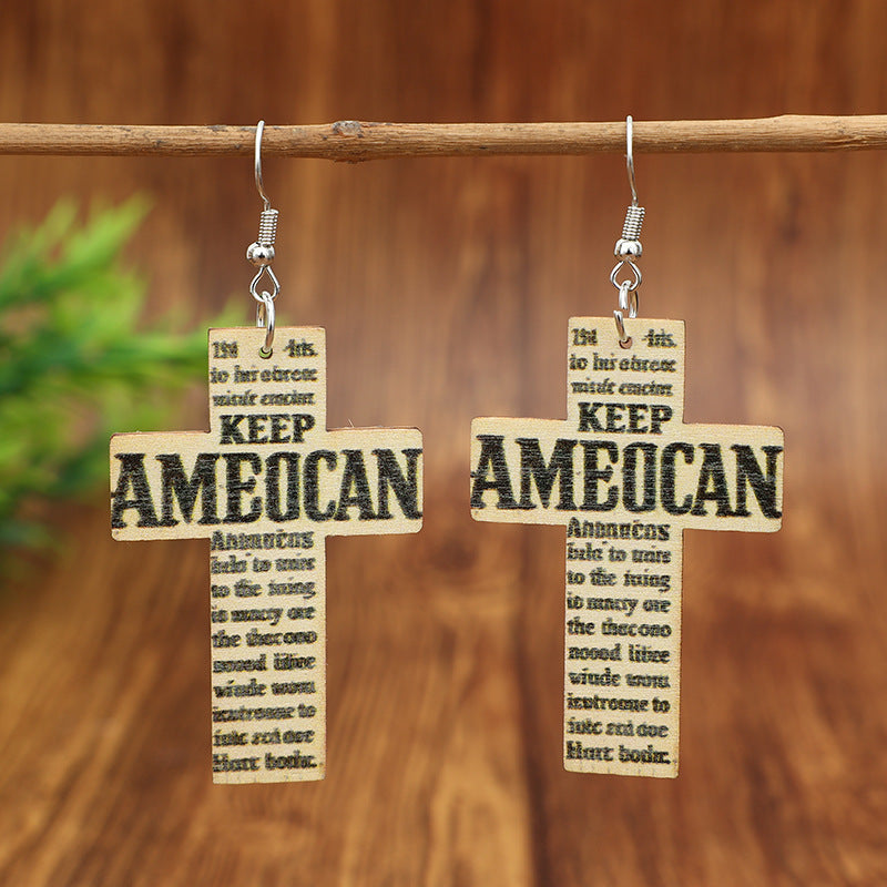 Wholesale Wooden Letter Printed Cross Earrings
