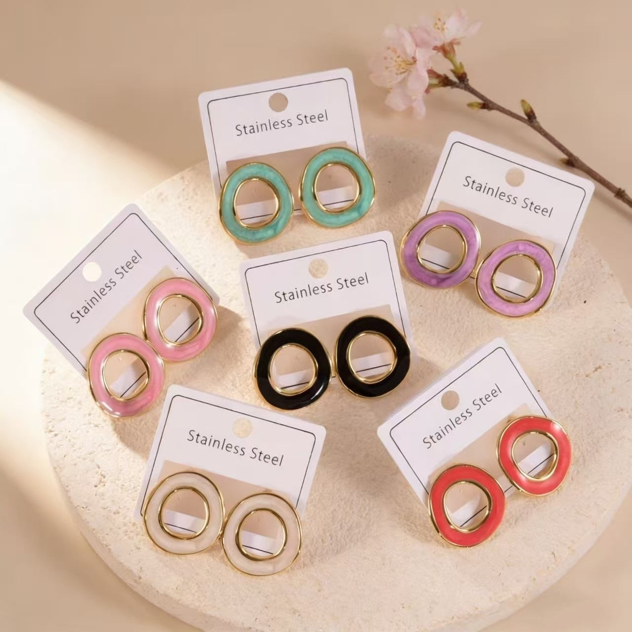Wholesale Titanium Steel Light Luxury Geometric Irregular Enamel Circle Earrings