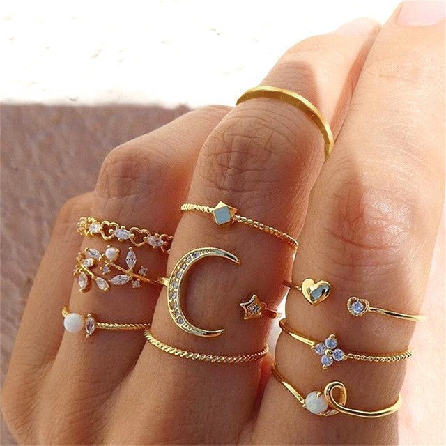 Wholesale Star and Moon Diamond Snake Ring 7-Piece Set